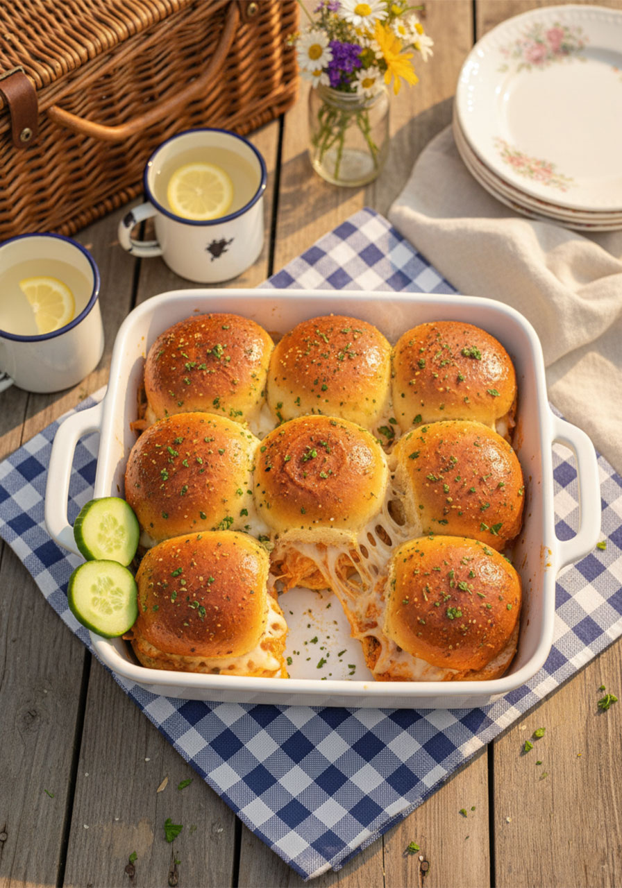 Golden buffalo chicken sliders fresh from the oven in a baking dish with melted cheese and garlic herb butter