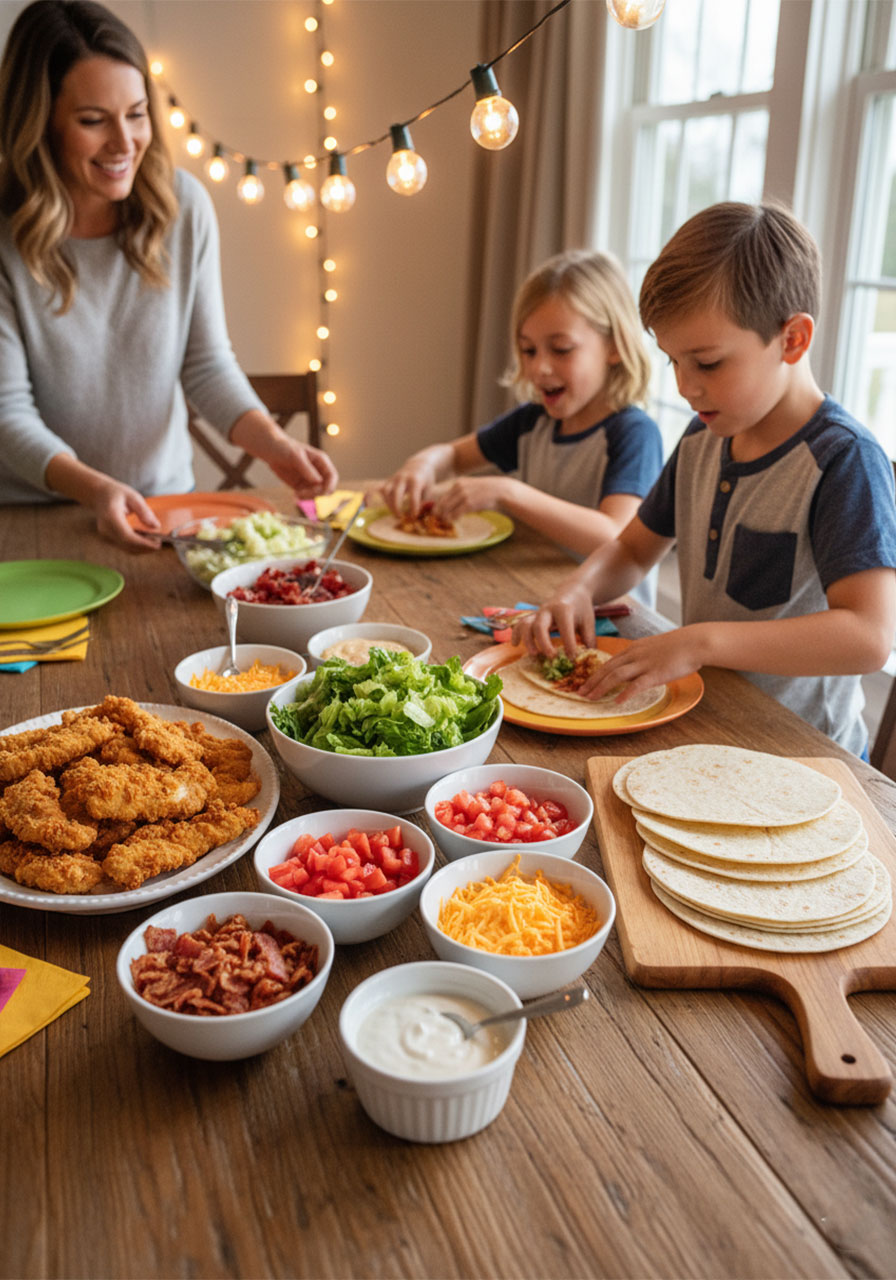 Kids and parent building their own crispy chicken bacon ranch wraps at a DIY party wrap station with toppings