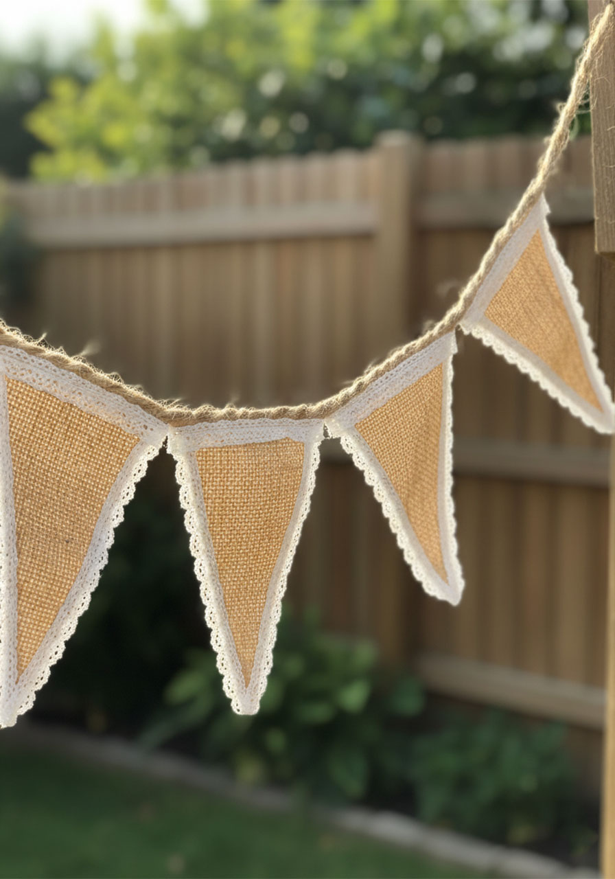 Rustic burlap and white lace bunting banner for a country garden tea party decoration