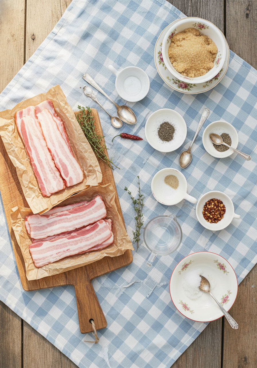 Ingredients for million dollar candied bacon crostini including thick-cut bacon, brown sugar, cayenne, and black pepper