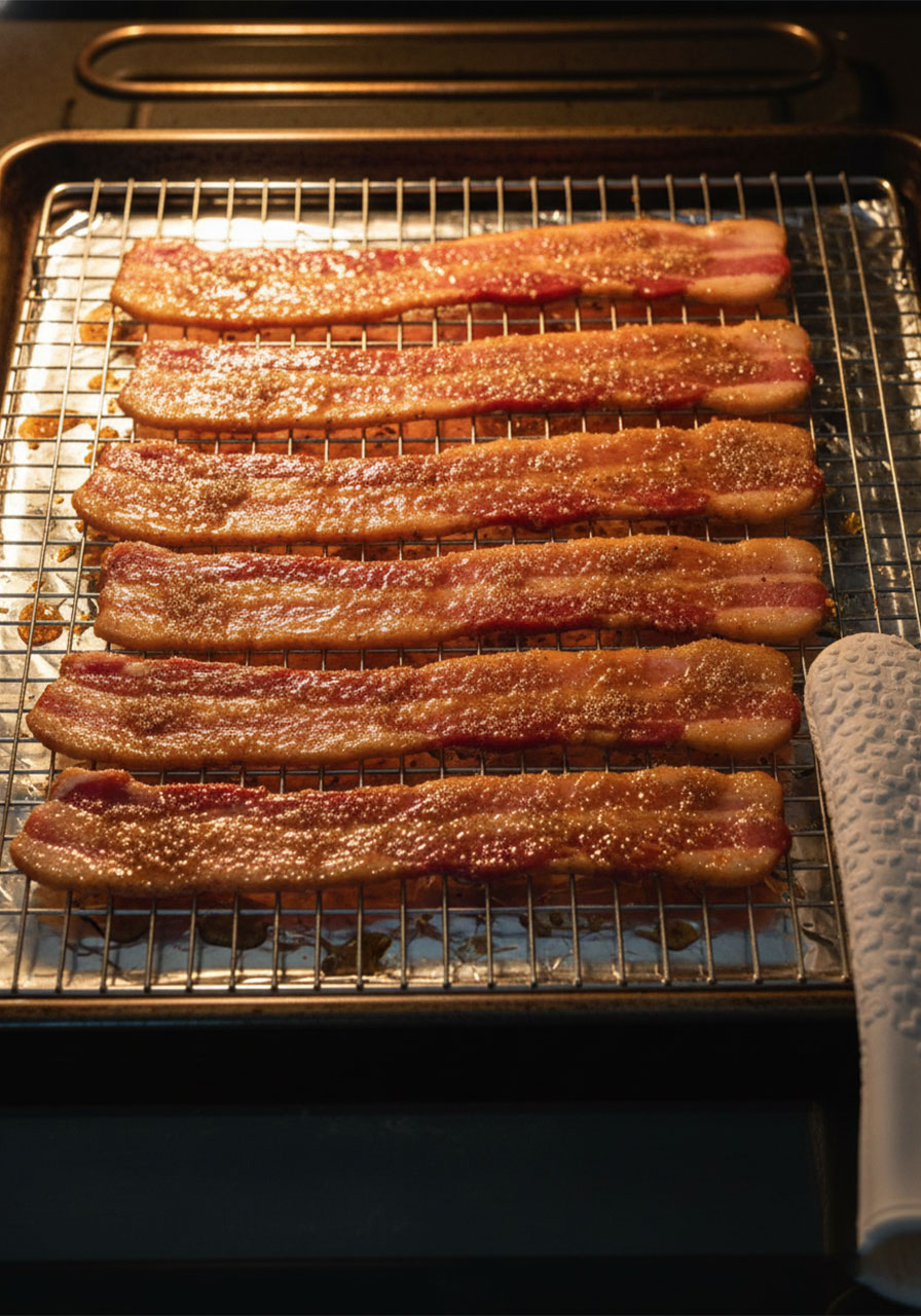 Thick-cut bacon coated in brown sugar spice mixture on a wire rack ready to bake for million dollar candied bacon crostini