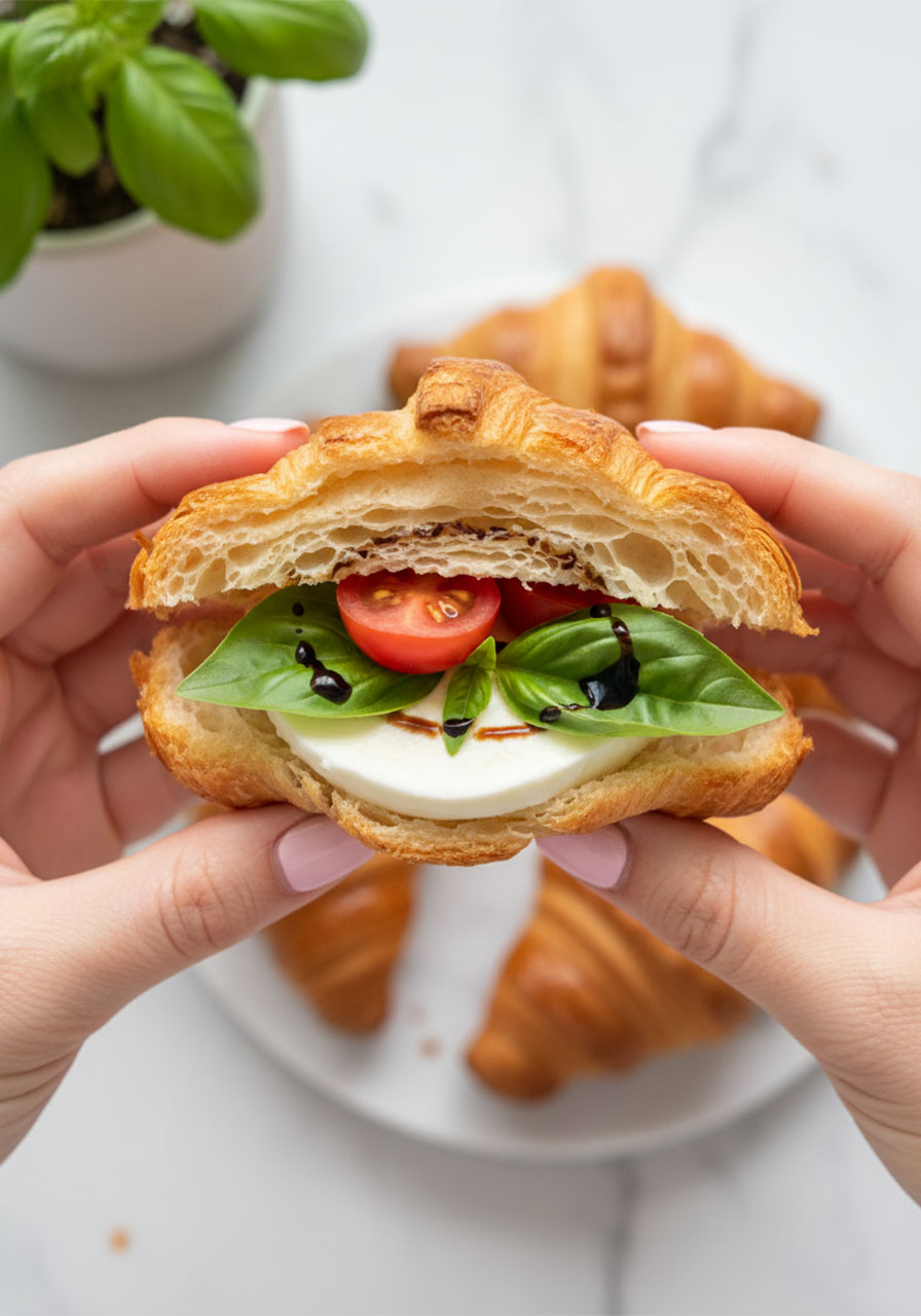 Caprese mini croissant variation filled with fresh mozzarella cherry tomato basil and balsamic glaze as a creative party snack idea