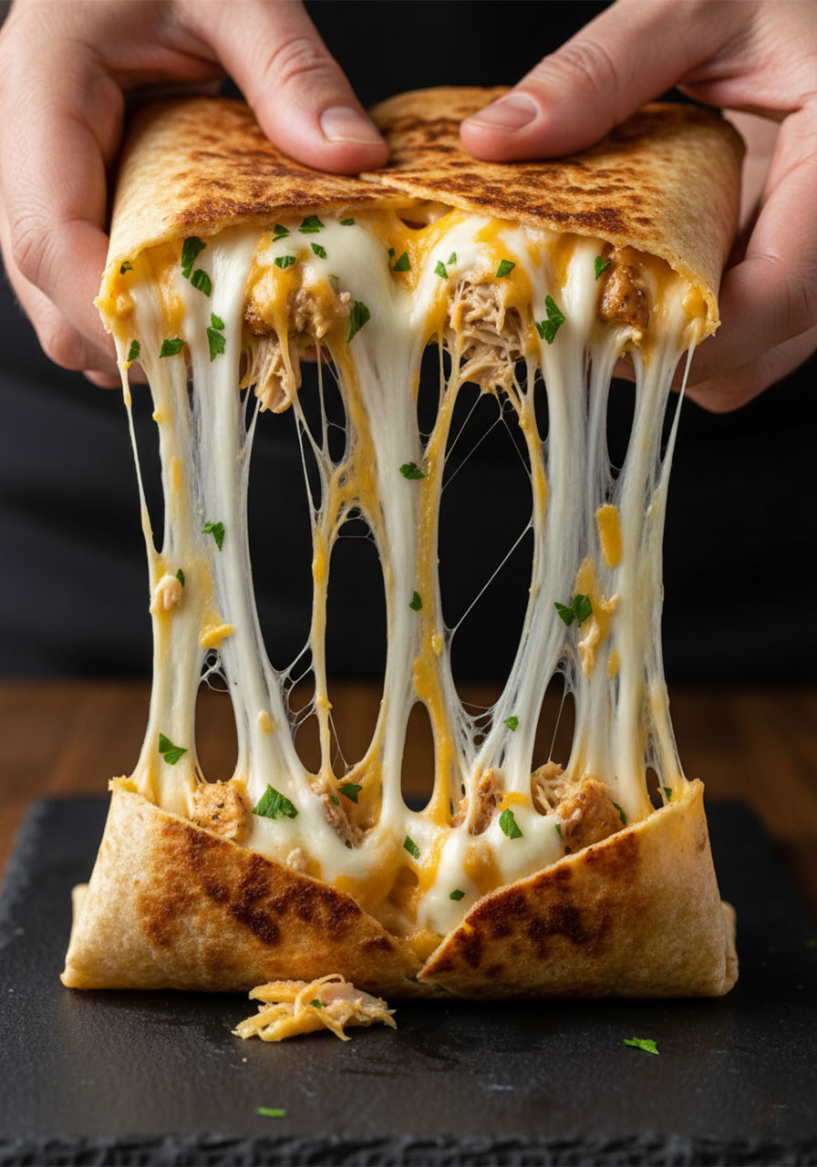 Close-up cheese pull from cheesy garlic chicken low carb wrap showing melted mozzarella and shredded chicken filling
