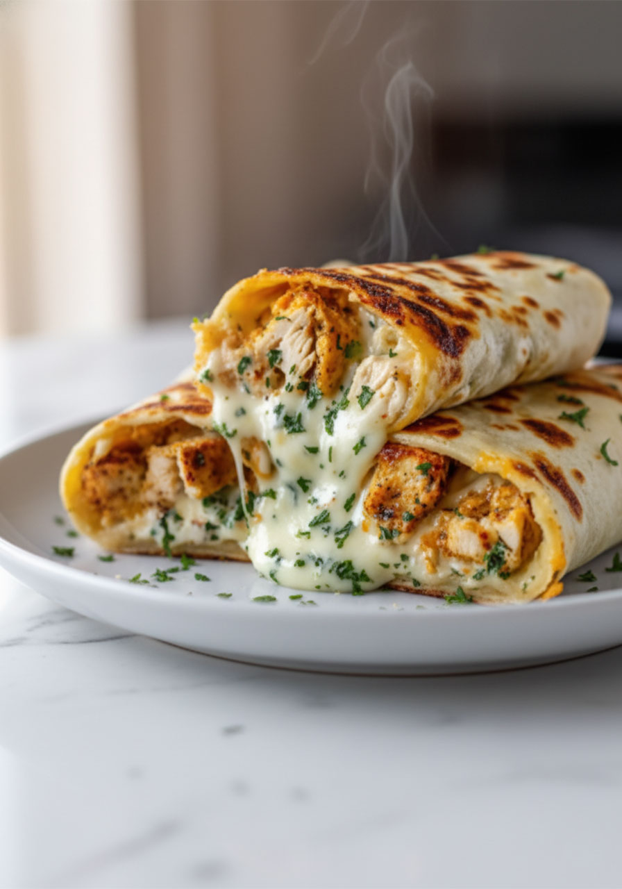 Cheesy garlic chicken wraps sliced in half showing melted cheese pull on white plate