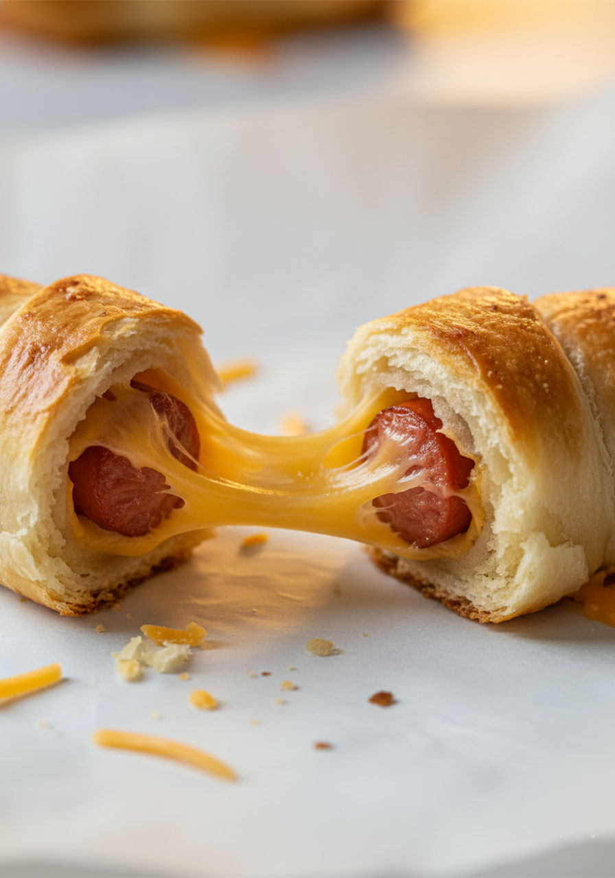 Cheesy pigs in a blanket pulled apart showing a melted cheddar cheese pull inside, a delicious fun variation of the classic easy crescent roll appetizer