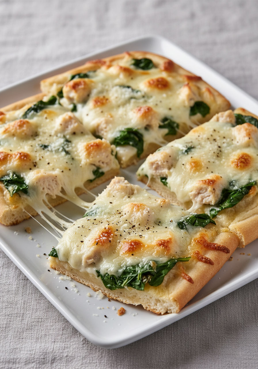 Chicken Alfredo flatbread sliced into four pieces showing creamy white sauce, melted mozzarella, spinach, and golden edges on a white plate