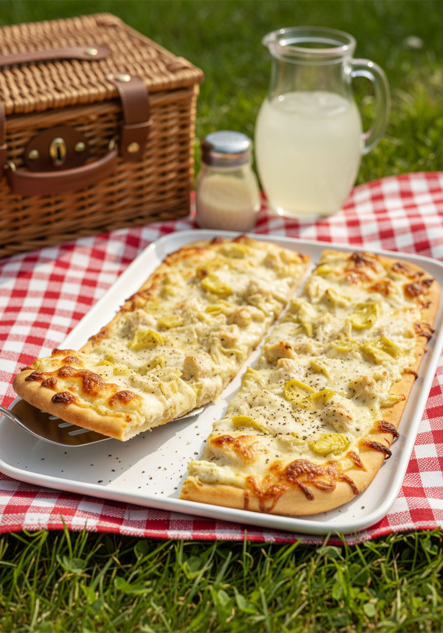 Chicken and artichoke flatbread with cream cheese base, chopped artichoke hearts, shredded chicken, and bubbling mozzarella on white ceramic plate