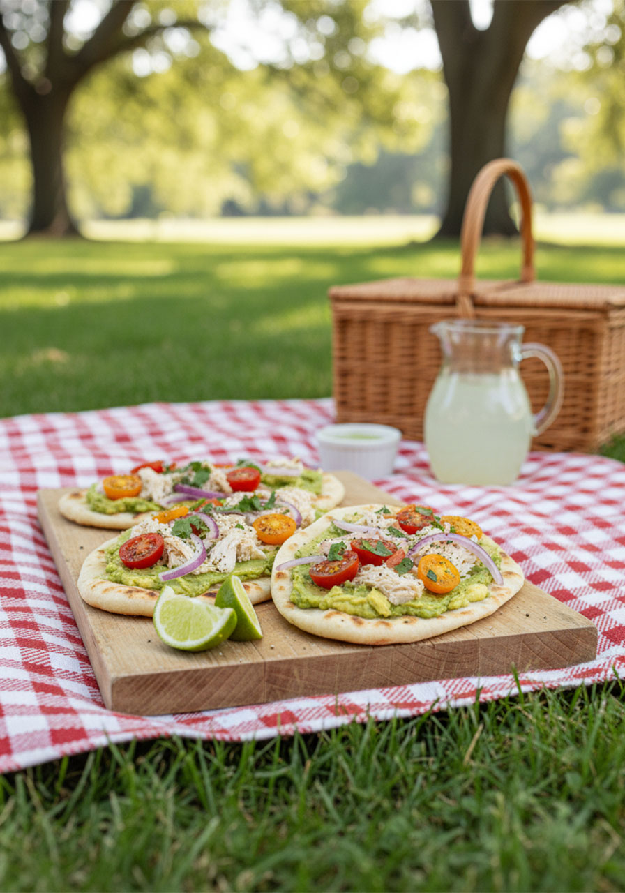 Three chicken and avocado flatbreads with creamy mashed avocado, cherry tomatoes, red onion, and cilantro on marble board with lime wedges