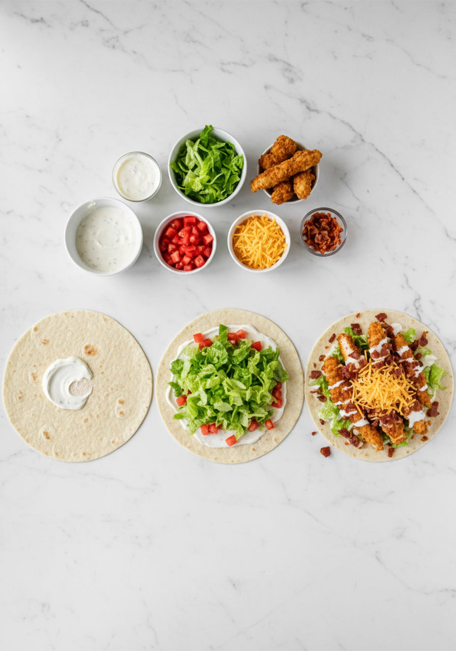 Step-by-step overhead flat lay of chicken bacon ranch wrap assembly showing four tortillas in progressive stages of filling