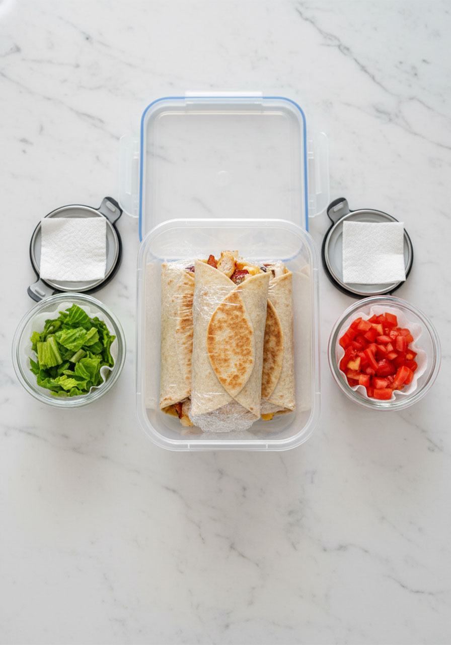 Crispy chicken bacon ranch wraps stored individually in plastic wrap inside an airtight container for meal prep