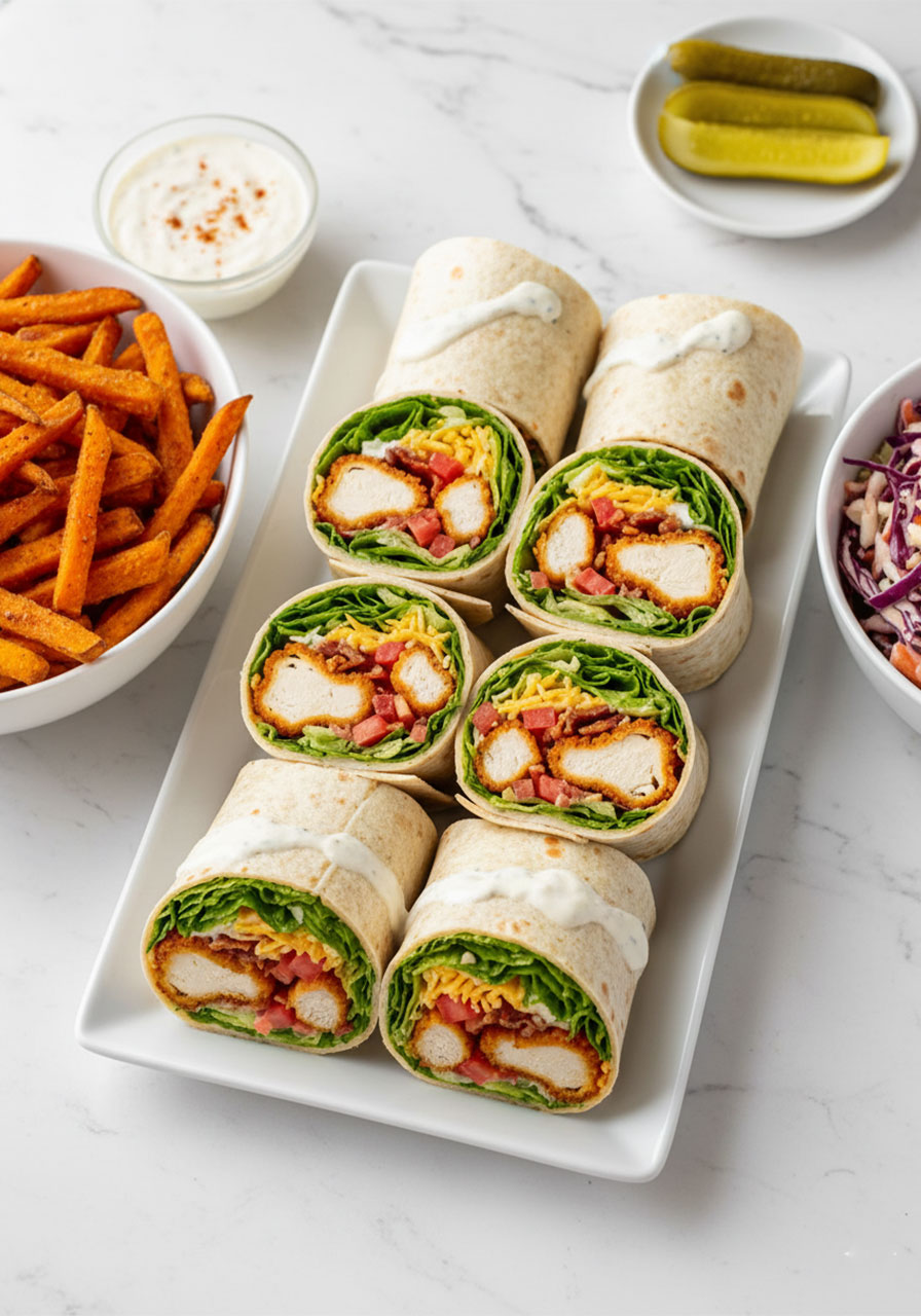 Crispy chicken bacon ranch wrap party platter served with sweet potato fries, coleslaw, pickles, and ranch dipping sauce