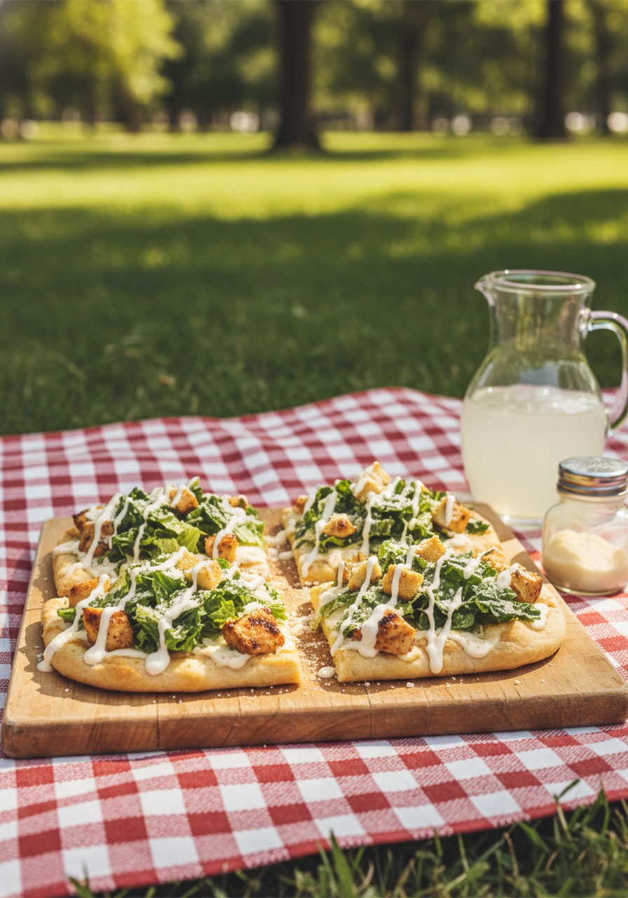 Chicken Caesar flatbread slices with crispy romaine, grilled chicken, Parmesan, croutons, and Caesar dressing on marble board — easy dinner or lunch recipe