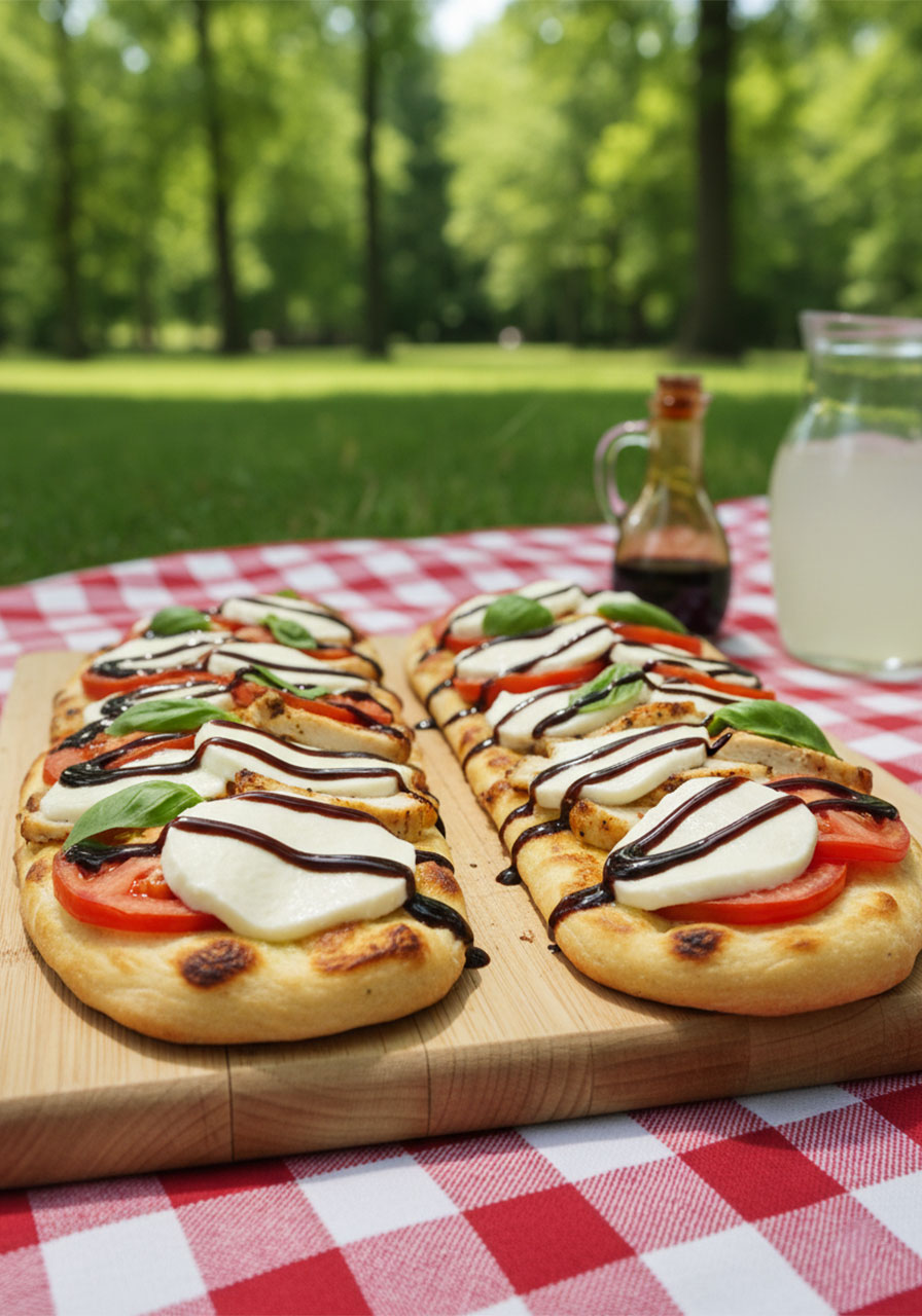 Two chicken Caprese flatbreads with fresh mozzarella, tomatoes, basil, and balsamic glaze drizzle on a white marble slab