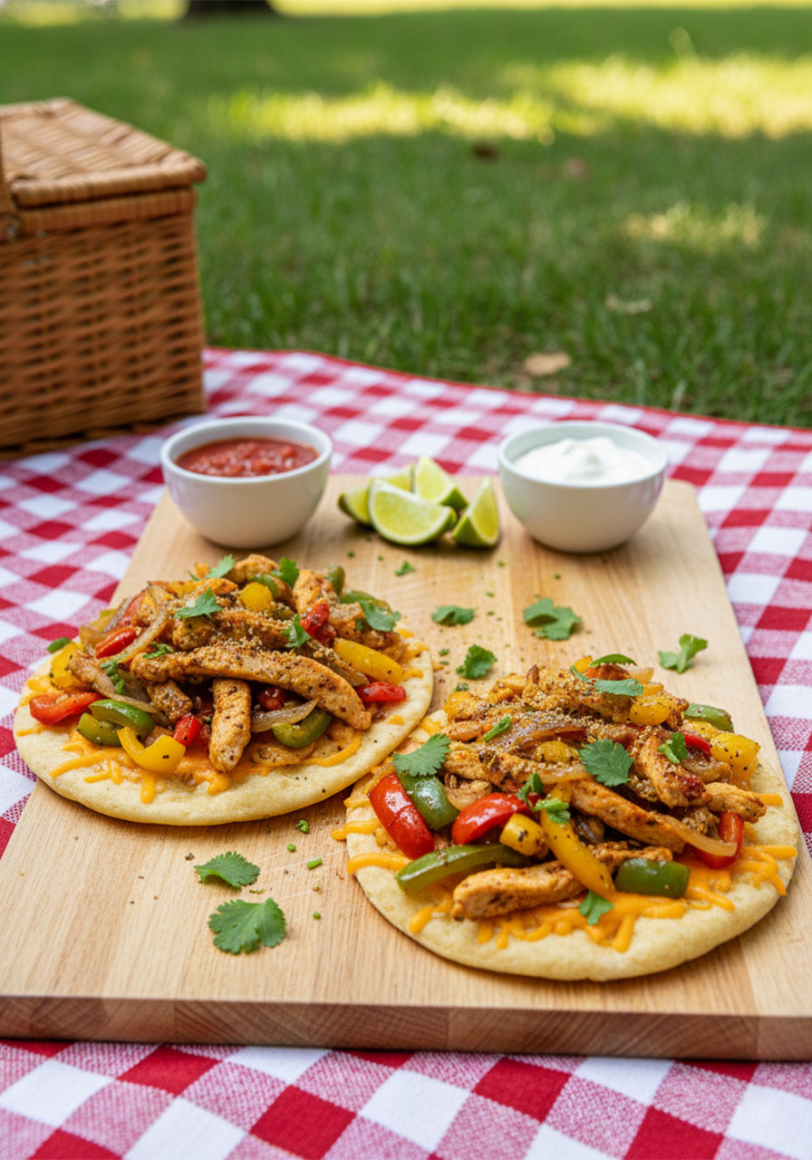 Chicken fajita flatbread with colorful bell peppers, sautéed onions, cheddar cheese, and cilantro served with salsa and sour cream