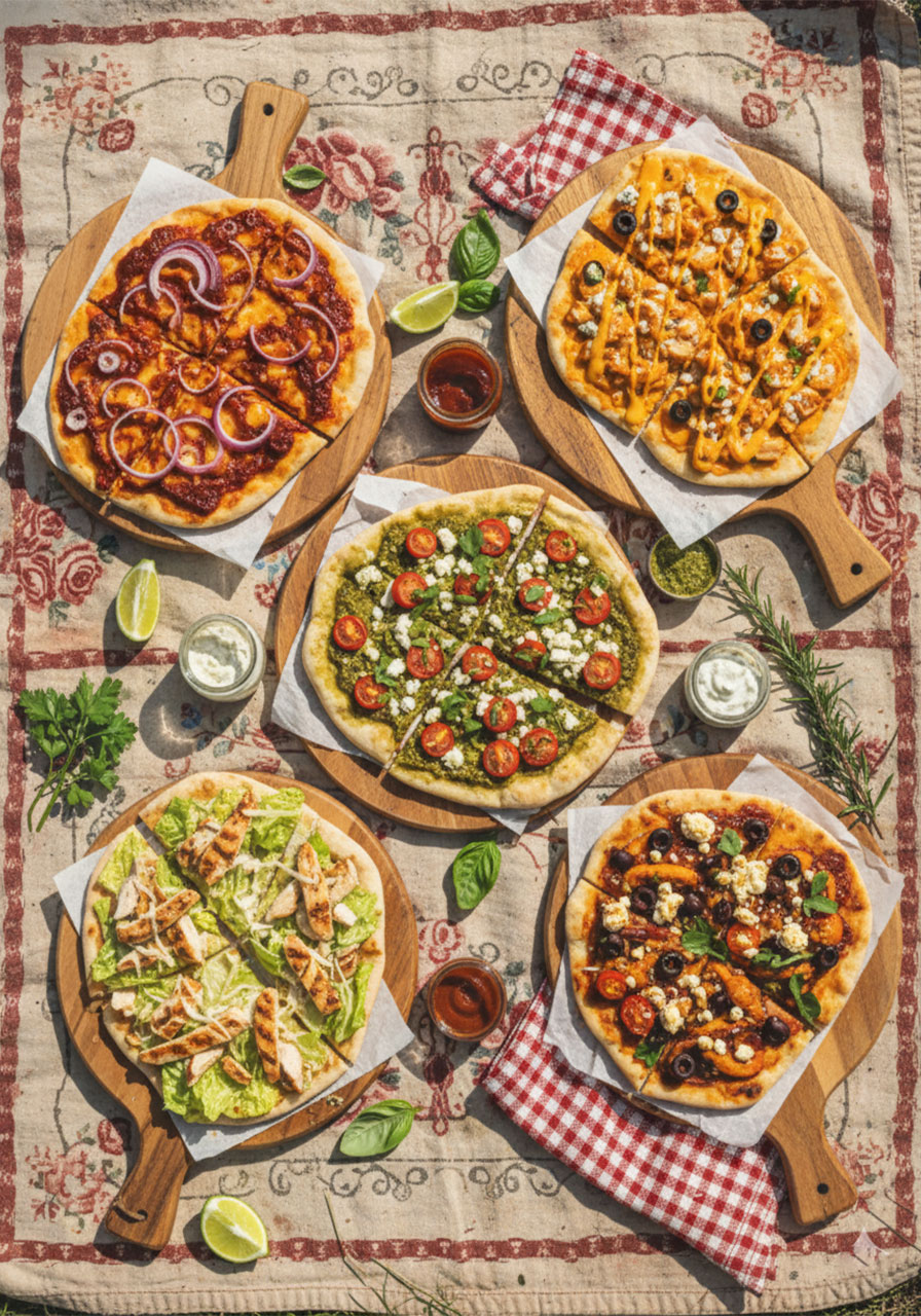 Six different chicken flatbread ideas laid out on marble counter including Caesar, BBQ, pesto, Mediterranean, buffalo, and teriyaki varieties
