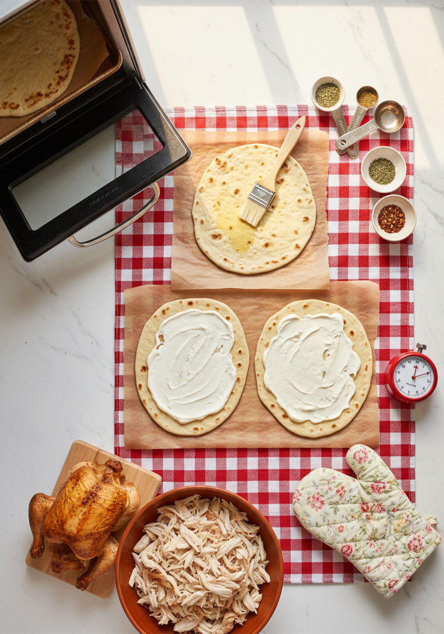 Flat-lay of chicken flatbread making tips showing pre-baking, olive oil brushing, rotisserie chicken prep, and light sauce spreading on marble counter