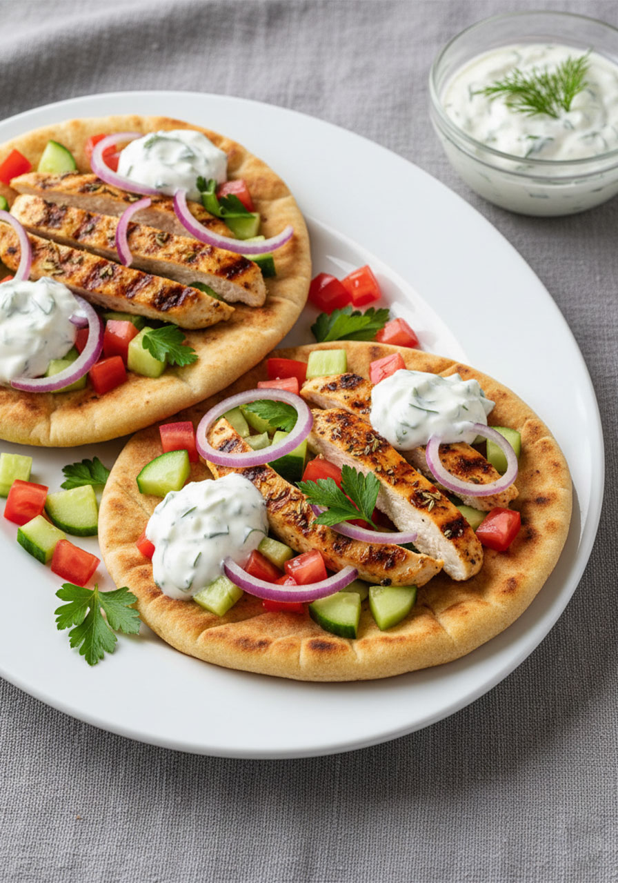Chicken gyro flatbread on pita with sliced grilled chicken, cucumber, tomato, red onion, and tzatziki sauce dollops on ceramic plate