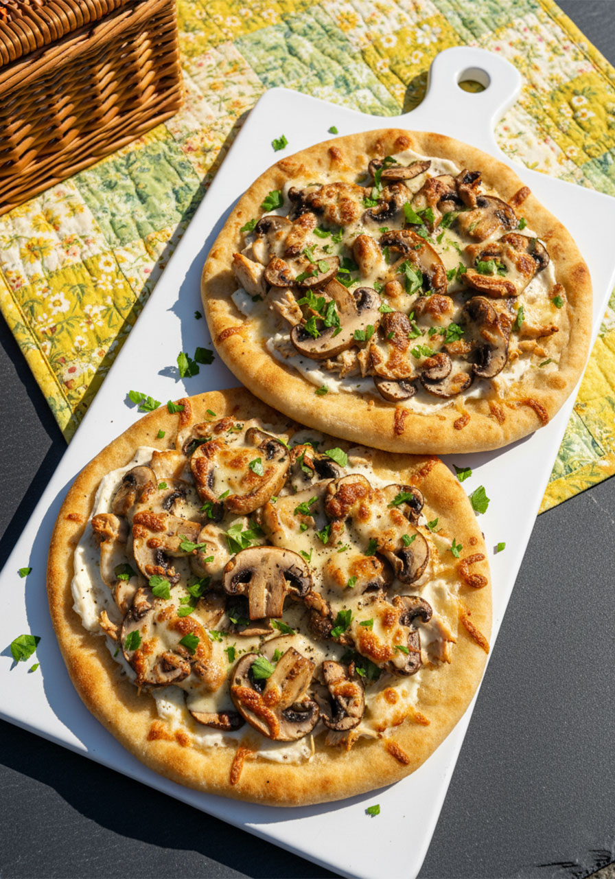 Two chicken and mushroom flatbreads with golden sautéed cremini mushrooms, cream cheese base, mozzarella, and fresh parsley on ceramic board