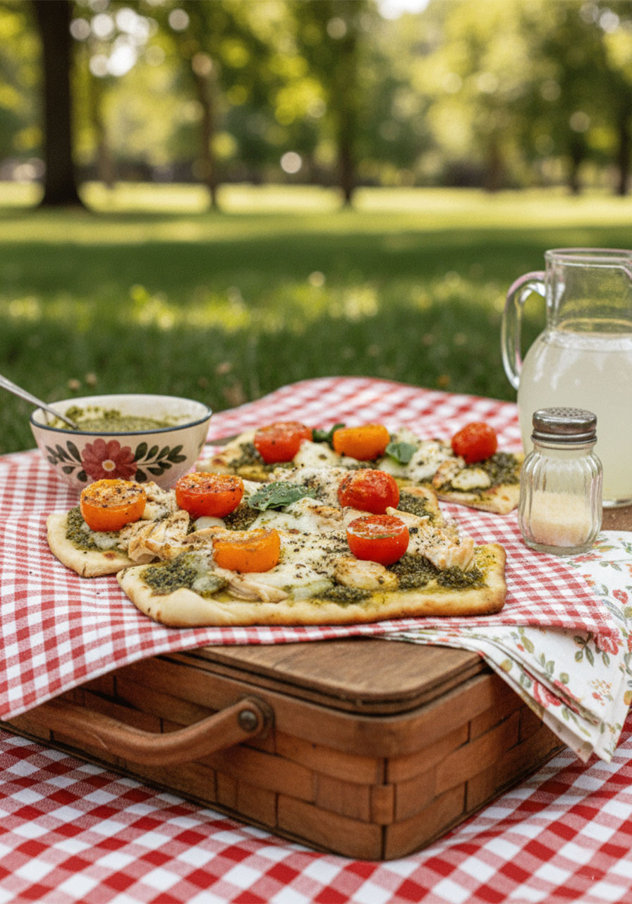 Three chicken pesto flatbreads with cherry tomatoes, fresh mozzarella, and basil leaves on a marble serving board