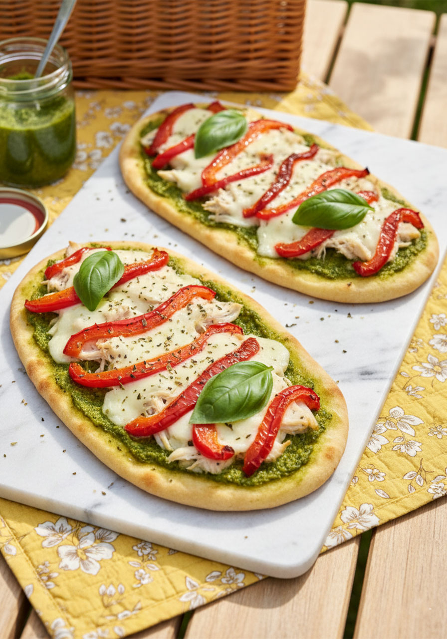 Chicken and roasted red pepper flatbread with pesto base, mozzarella, and fresh basil on marble board — easy weeknight dinner