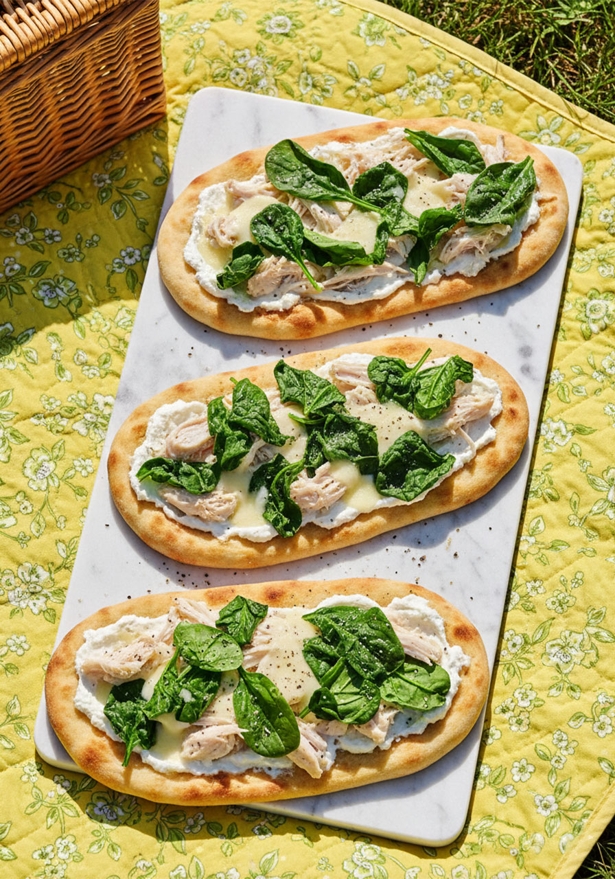 Three chicken and spinach flatbreads with ricotta base, wilted spinach leaves, melted mozzarella, and Parmesan on marble board