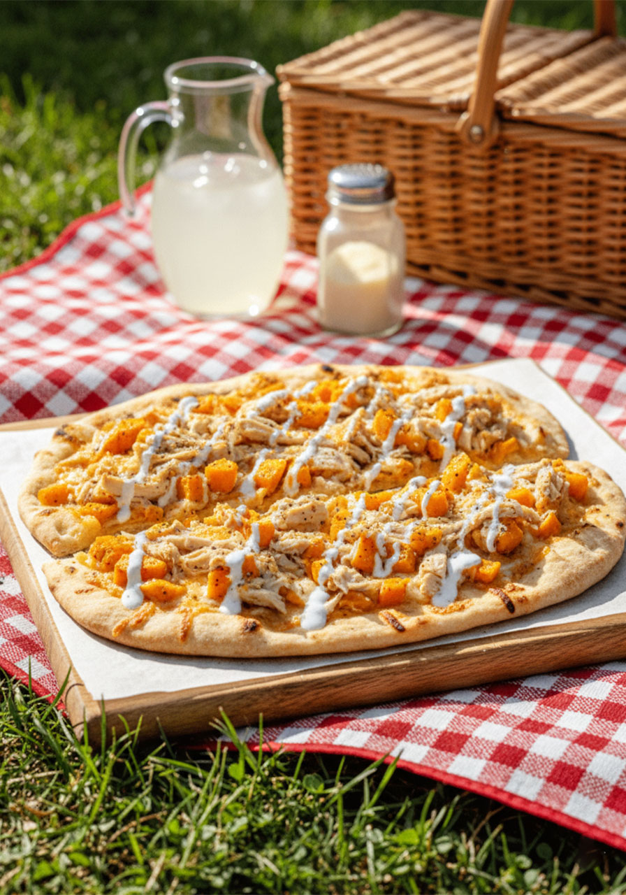 Chicken and sweet potato flatbread with roasted orange sweet potato cubes, melted cheddar, and yogurt drizzle on rustic wooden board