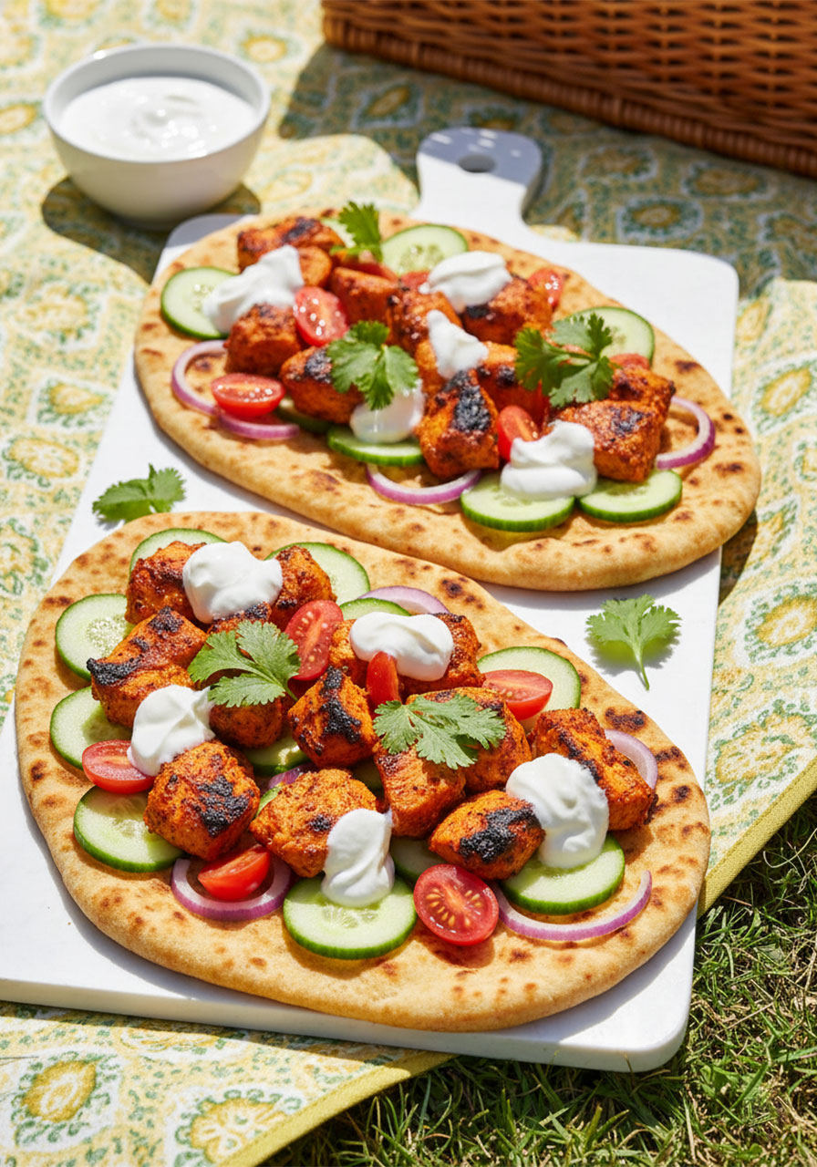 Two chicken tikka flatbreads on naan with spiced chicken, yogurt dollops, cucumber, cherry tomatoes, and fresh cilantro