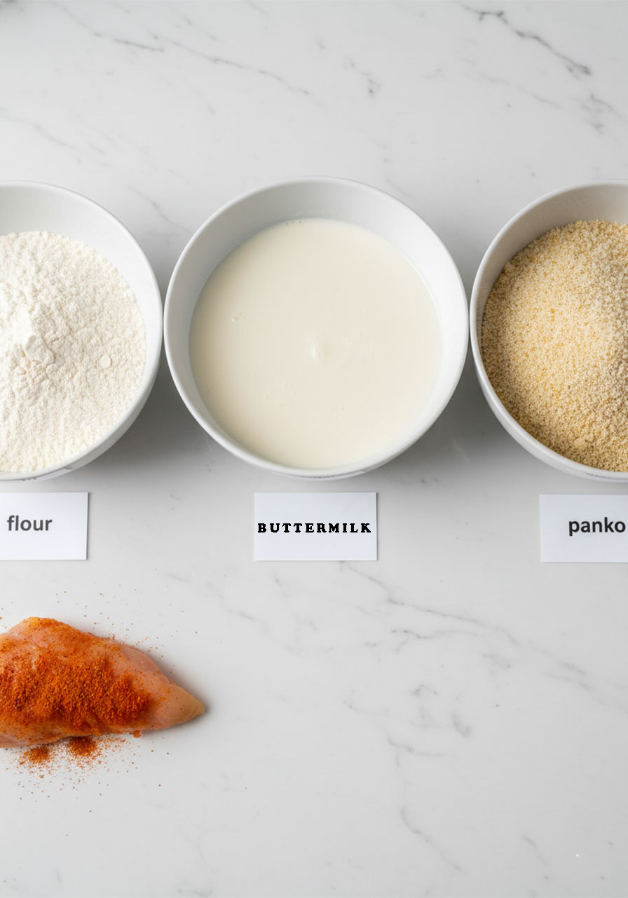 Three-dish dredging station with flour, buttermilk, and panko breadcrumbs for crispy chicken wrap preparation