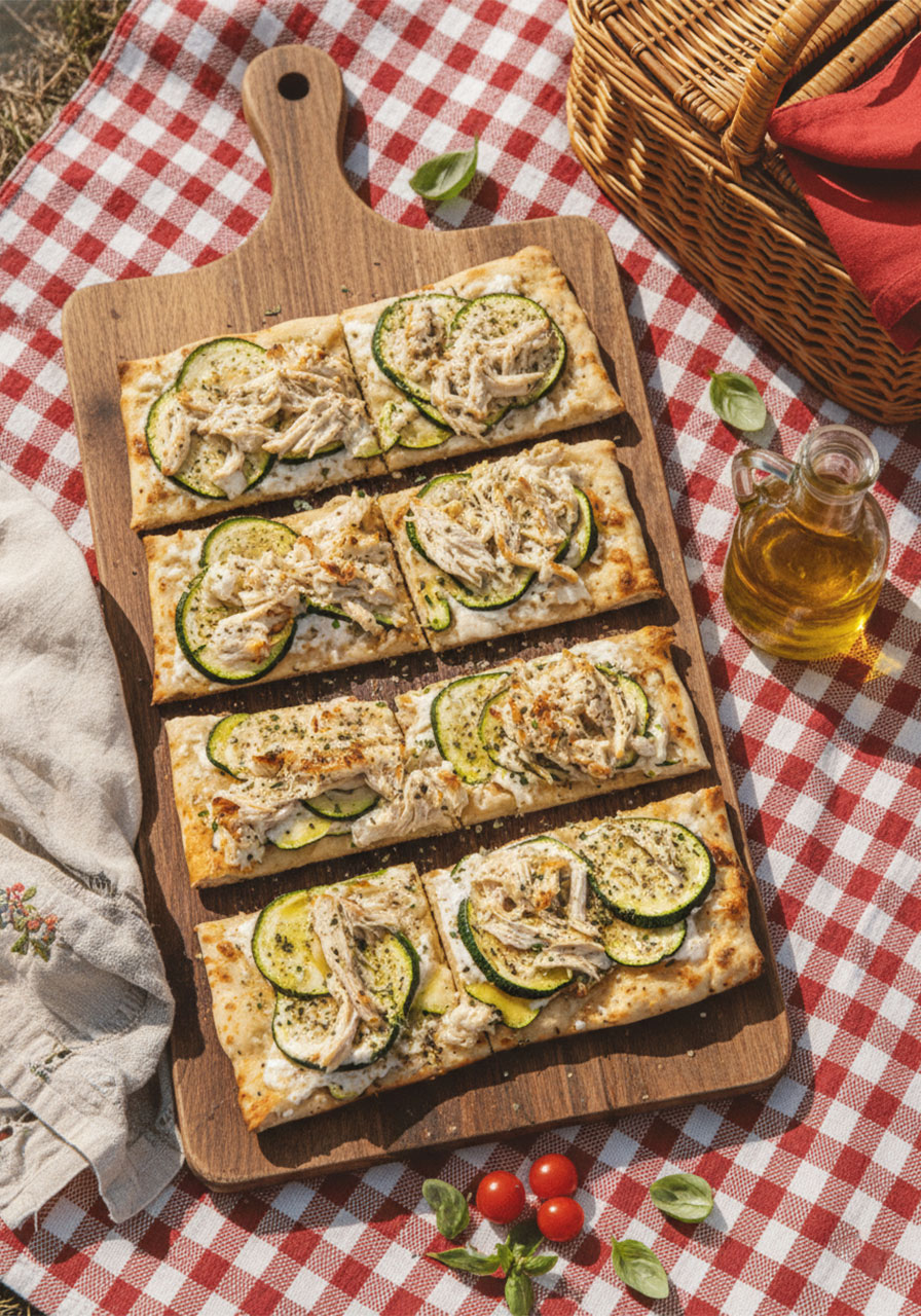 Chicken and zucchini flatbread with overlapping thinly sliced zucchini, Italian herbs, and melted mozzarella on white marble board