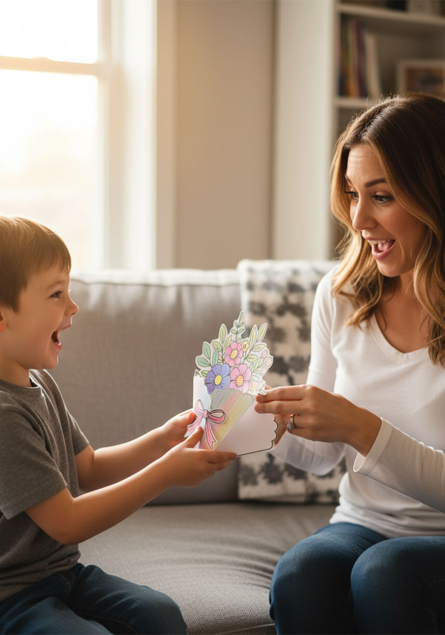 Child handing mom a completed printable Mother's Day flower bouquet card as a heartfelt Mother's Day gift