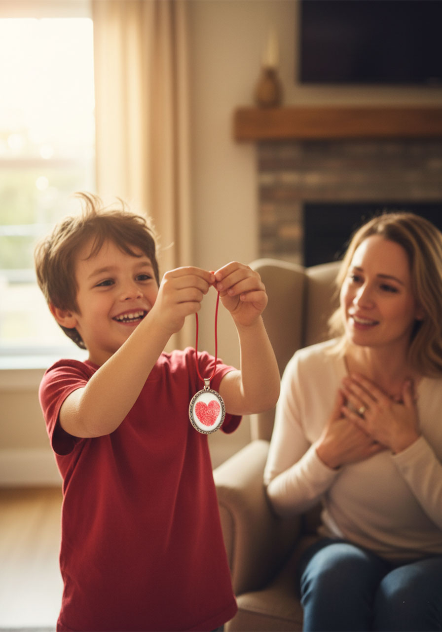 Young boy proudly presenting a finished DIY thumbprint heart necklace to his emotional mom — heartwarming Mother's Day handmade gift moment