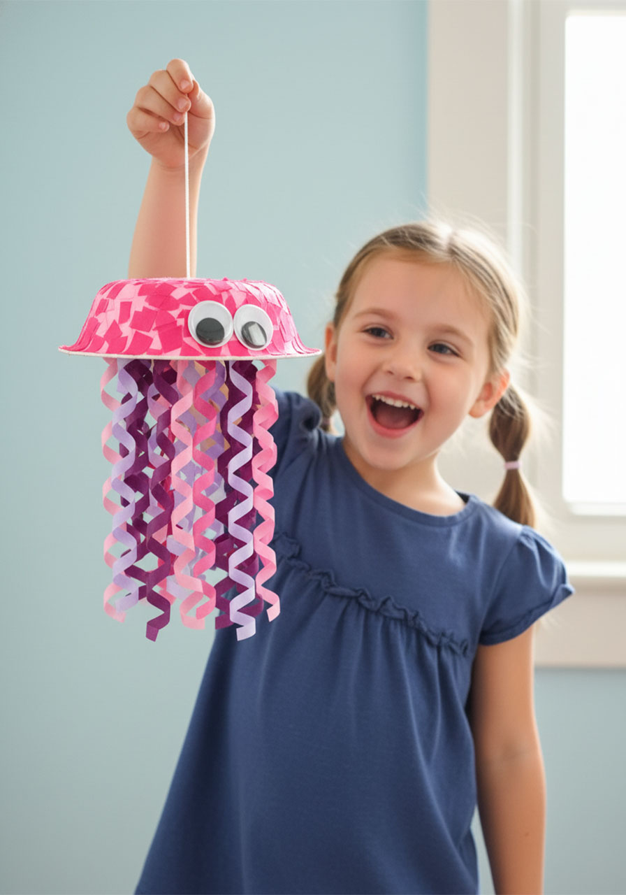 Smiling young girl proudly holding completed colorful paper bowl jellyfish craft by its string