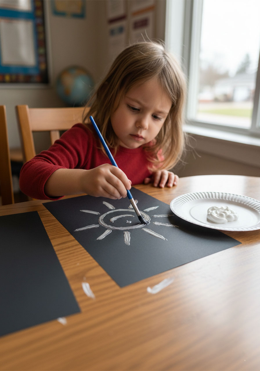 Young girl painting a sun design onto black construction paper using sunscreen as paint for a kids summer science activity