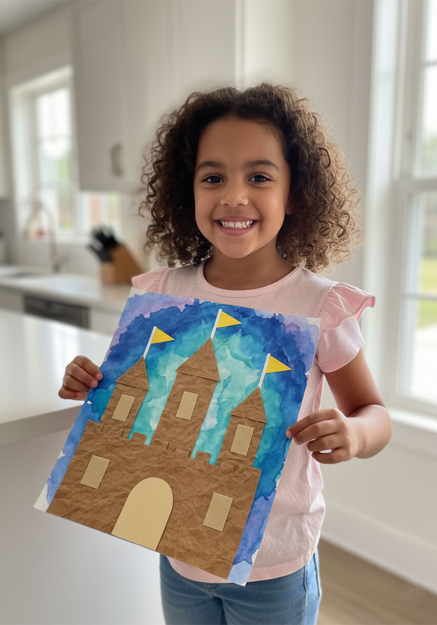 Happy young girl proudly holding up her finished sandcastle texture art project collage made from paper bags and watercolors