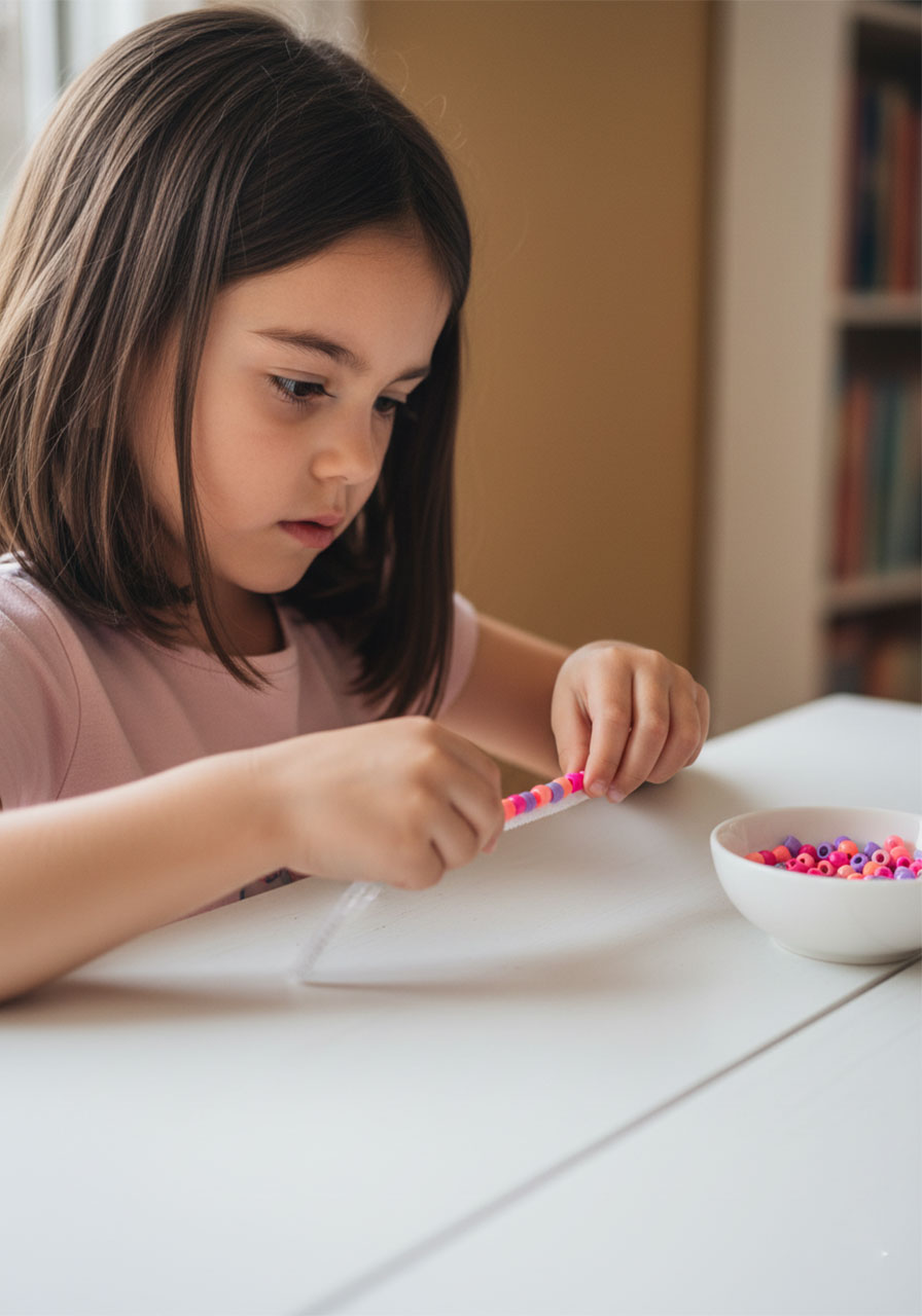 Young girl carefully threading pink pony beads onto a pipe cleaner while making a beaded pipe cleaner butterfly craft