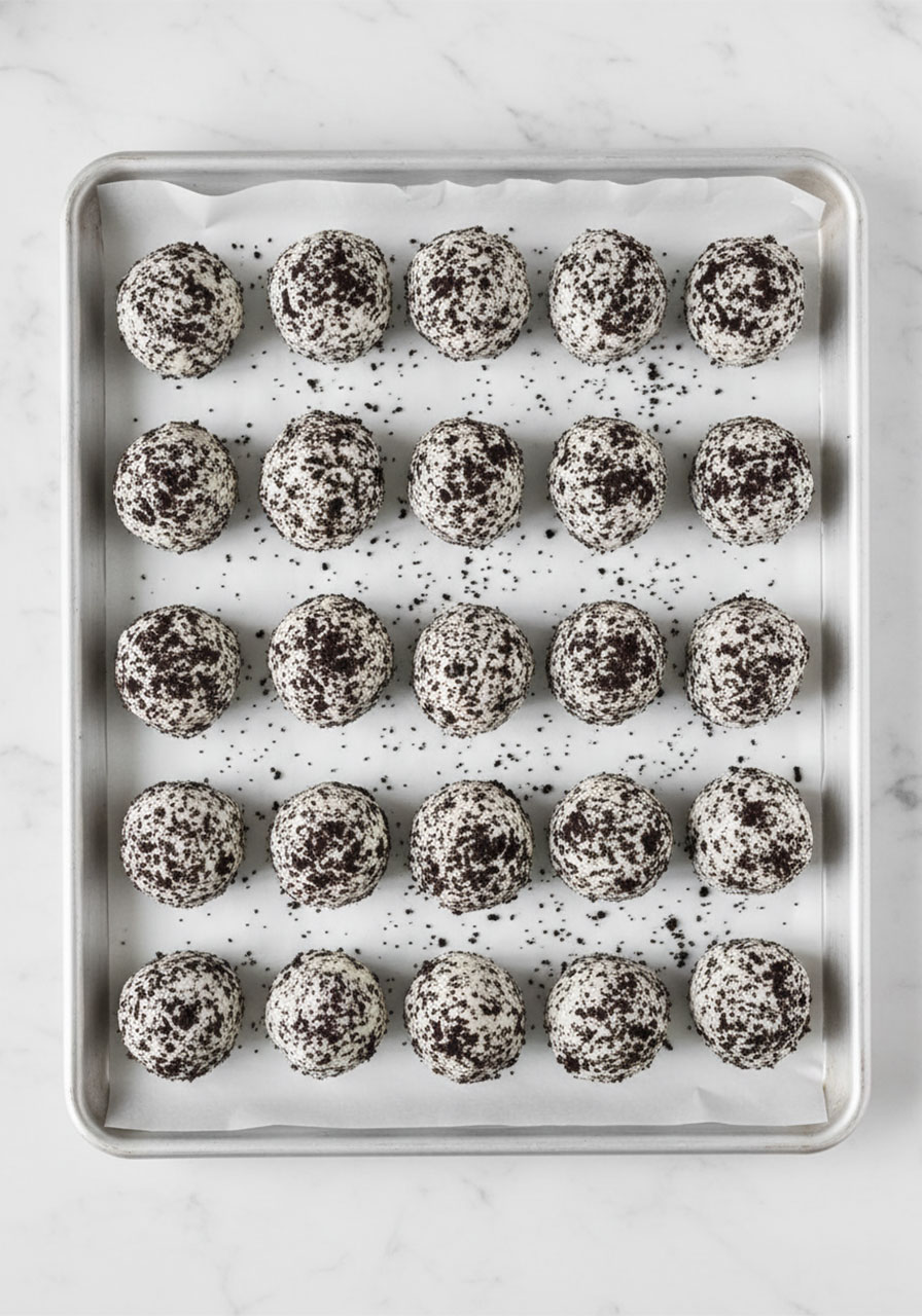 15 chilled cream cheese Oreo protein balls arranged on parchment-lined baking tray — no-bake snack ready after one hour in the refrigerator