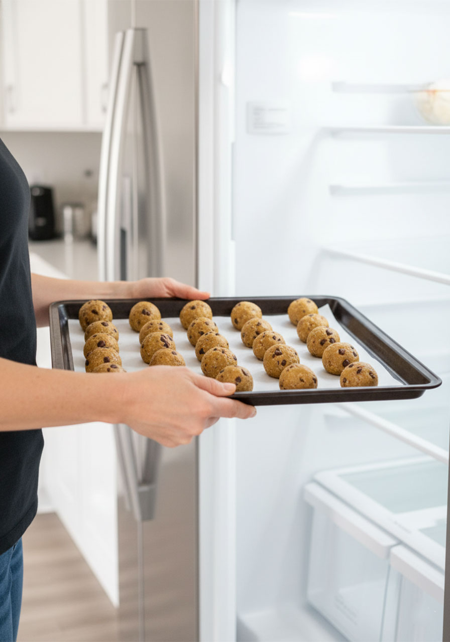 Placing a baking sheet of no-bake protein balls into the refrigerator to chill for one hour