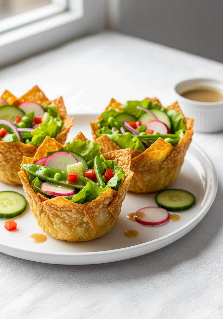 Crispy egg roll wrapper baskets filled with colorful Chinese green salad and hoisin vinaigrette, a fresh savory bite for afternoon tea