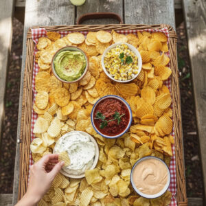 Overhead view of a full chips and dip platter with five dips and mixed chips on a parchment-lined sheet pan