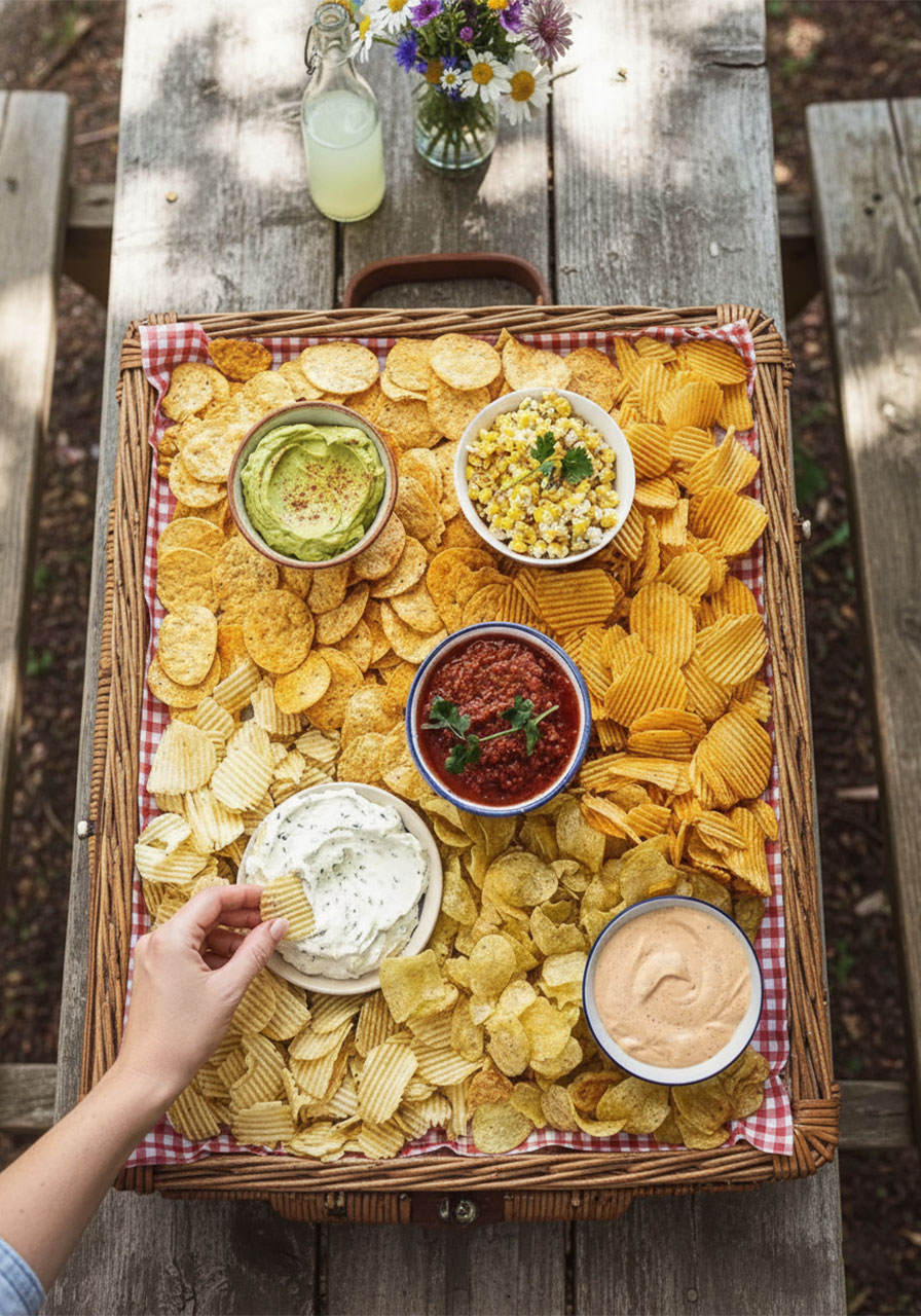 Overhead view of a full chips and dip platter with five dips and mixed chips on a parchment-lined sheet pan