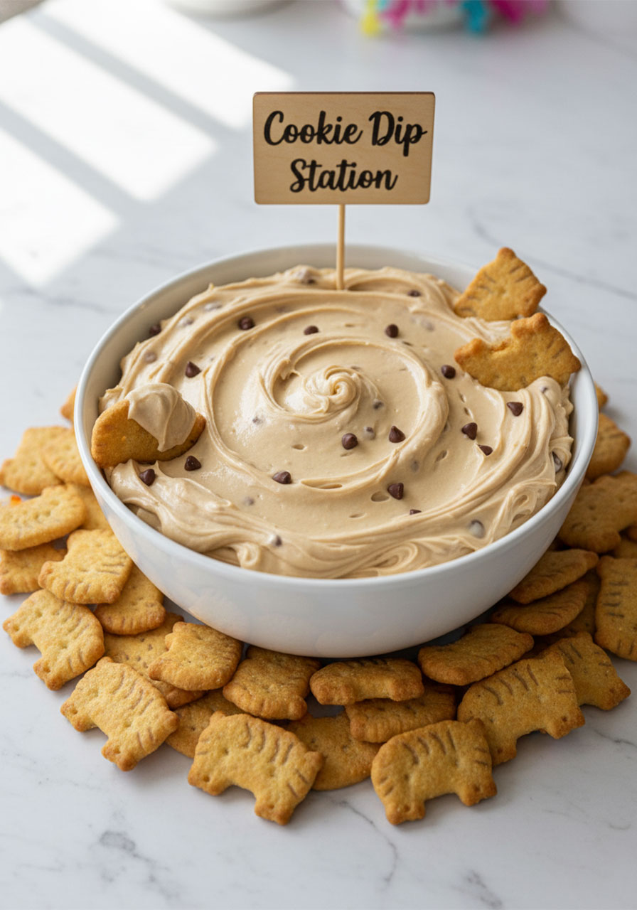 Creamy chocolate chip cookie dough dip surrounded by animal crackers in white bowl, fun interactive animal themed birthday snack for kids zoo party	