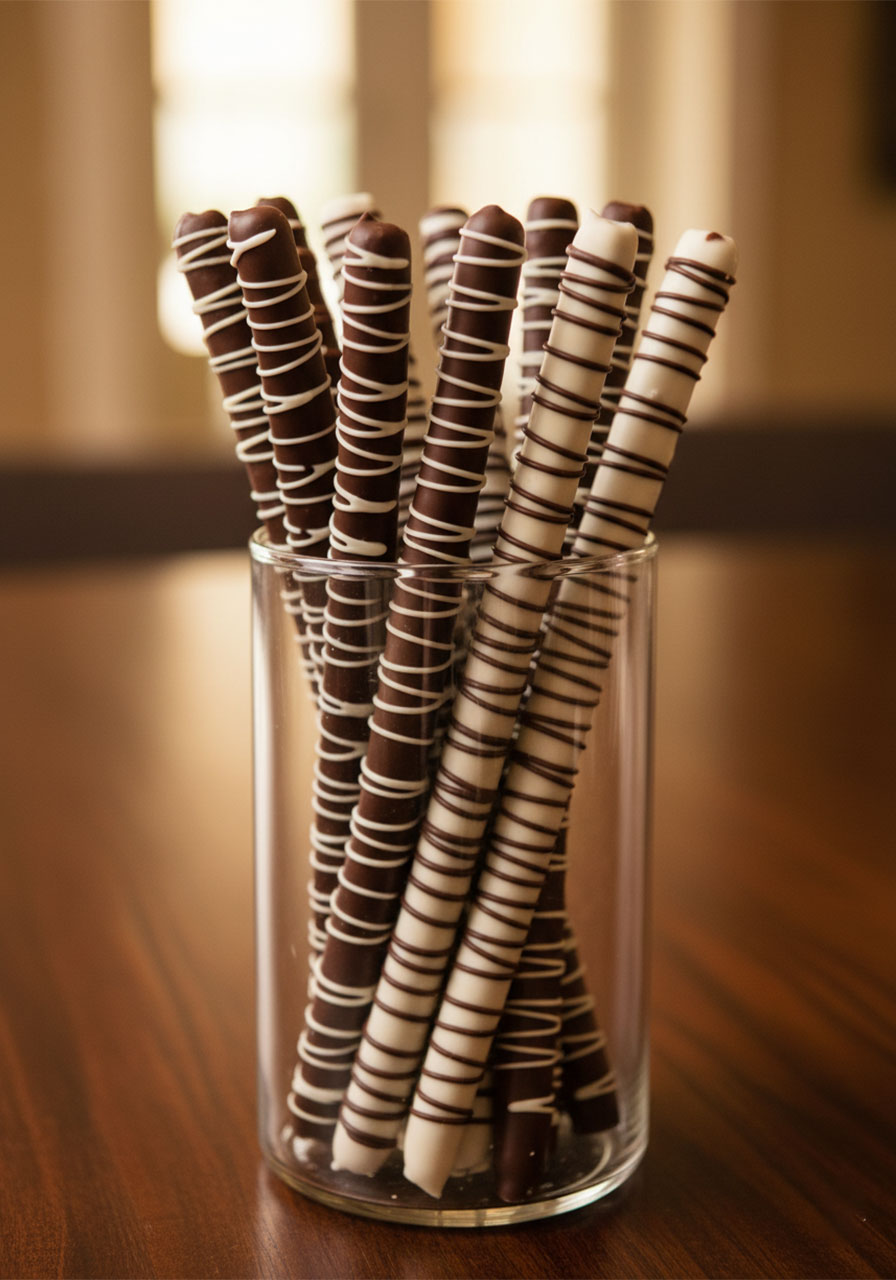 Chocolate dipped zoo pretzel rods with giraffe spot and zebra stripe designs displayed in glass jar, fun animal themed birthday snacks for kids	