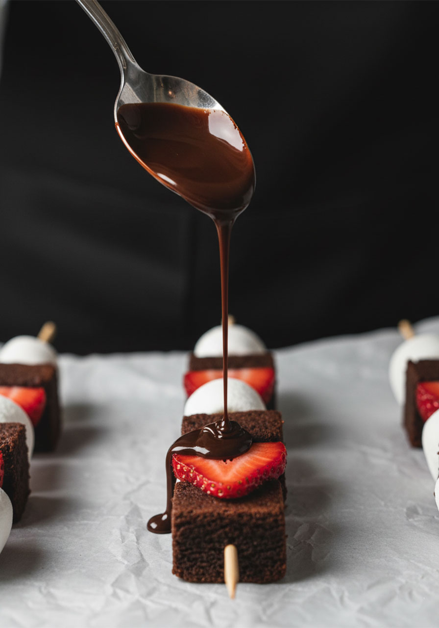 Close-up of melted chocolate being drizzled over assembled strawberry brownie kabobs on parchment paper