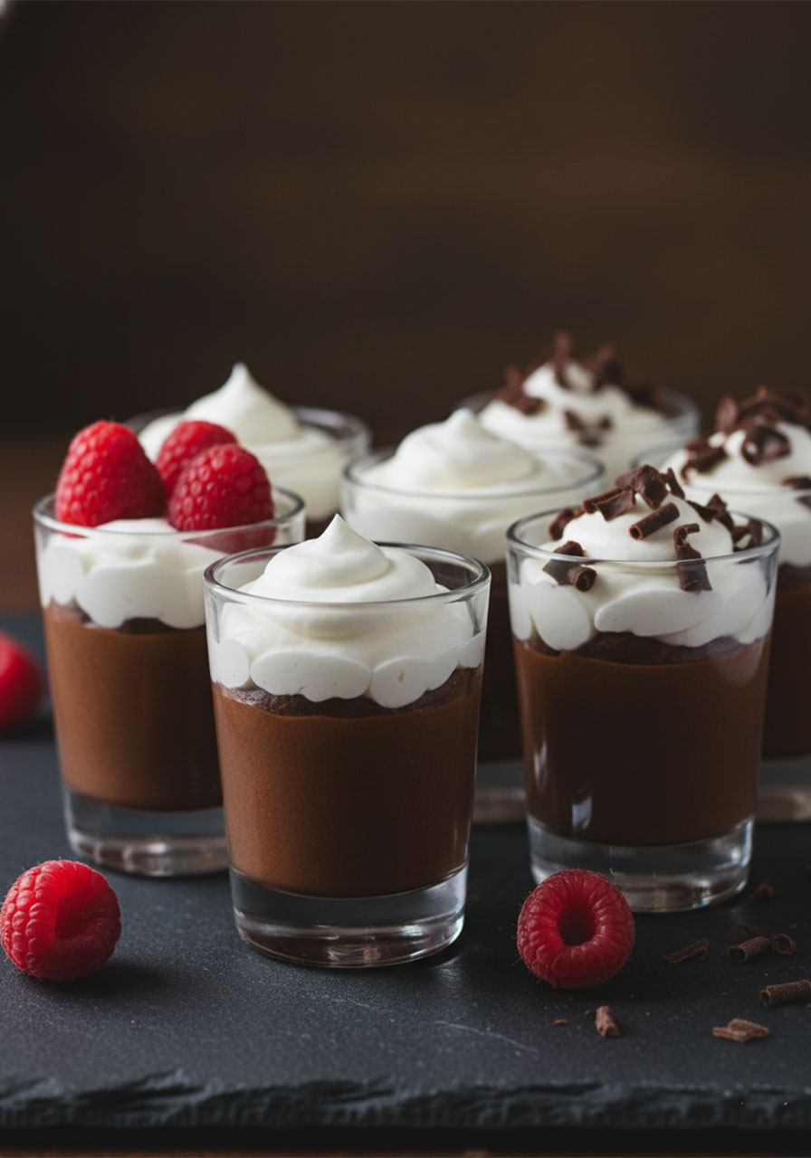 Chocolate mousse mini dessert cups with whipped cream and raspberries — individual portion sweet bites for a high tea party spread