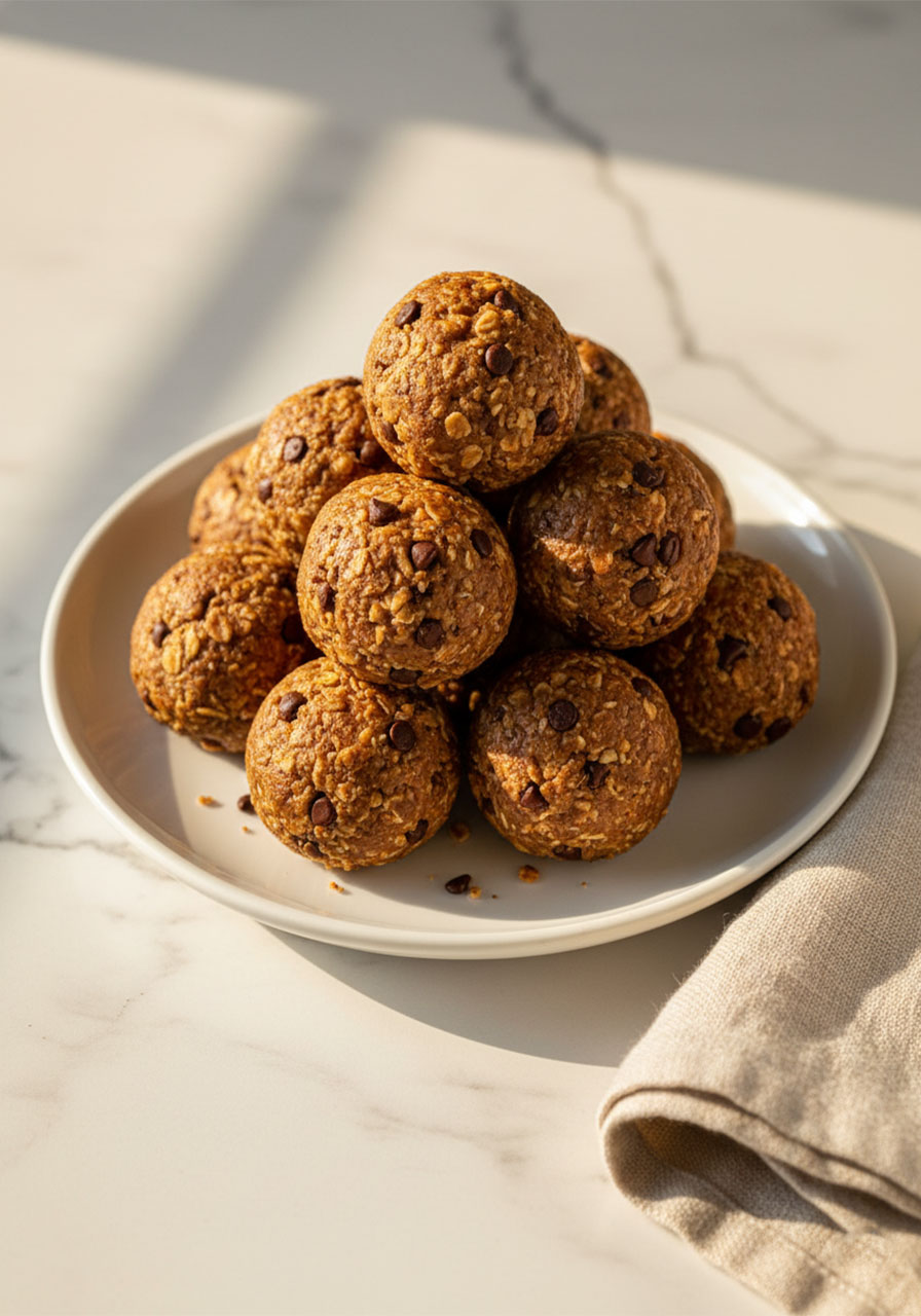 Chocolate peanut butter protein balls stacked on a white plate on marble countertop