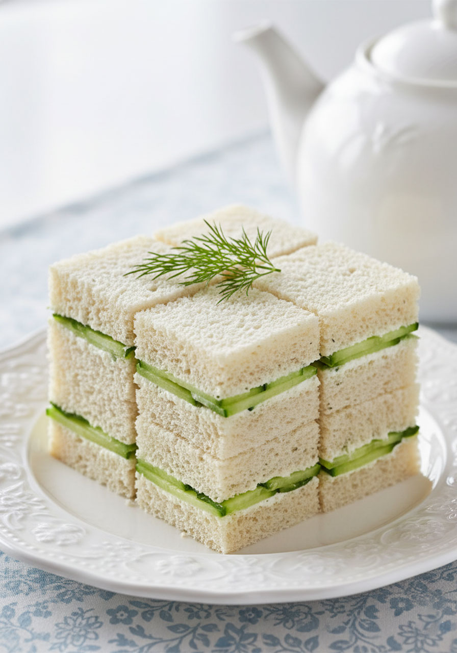Classic cucumber tea sandwiches with dill cream cheese on white plate, crusts removed and cut into small squares, garnished with fresh dill sprig