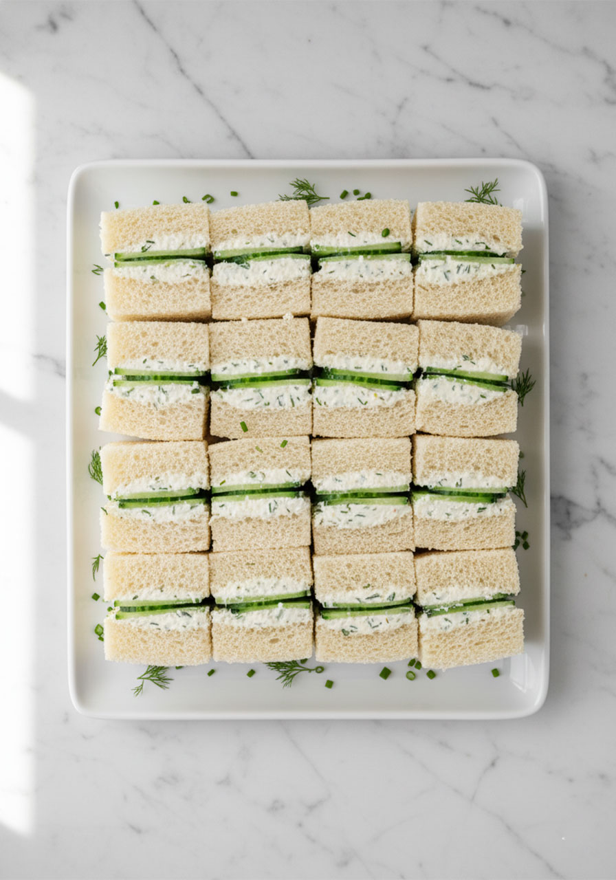 Classic cucumber tea sandwiches cut into squares and arranged on a white ceramic platter, garnished with fresh dill, for an English high tea party