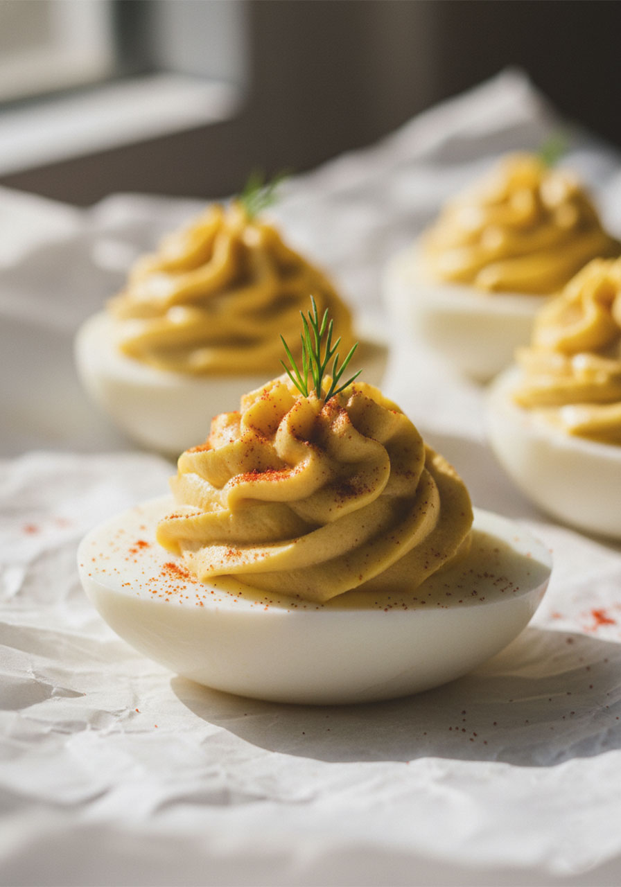 Close-up of a single classic deviled egg topped with paprika and fresh dill garnish