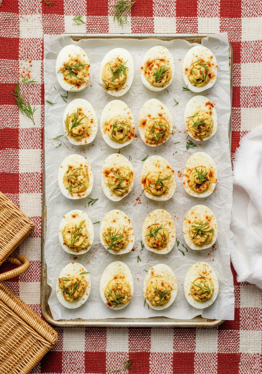 Classic deviled eggs recipe arranged on a parchment-lined tray, topped with paprika and fresh dill