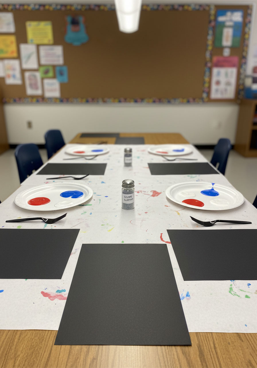 Classroom table set up for fork painted fireworks craft activity for kids with paint plates forks and black paper at each seat